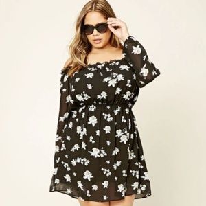 Black & Ivory Off Shoulder Floral Ruffled Dress